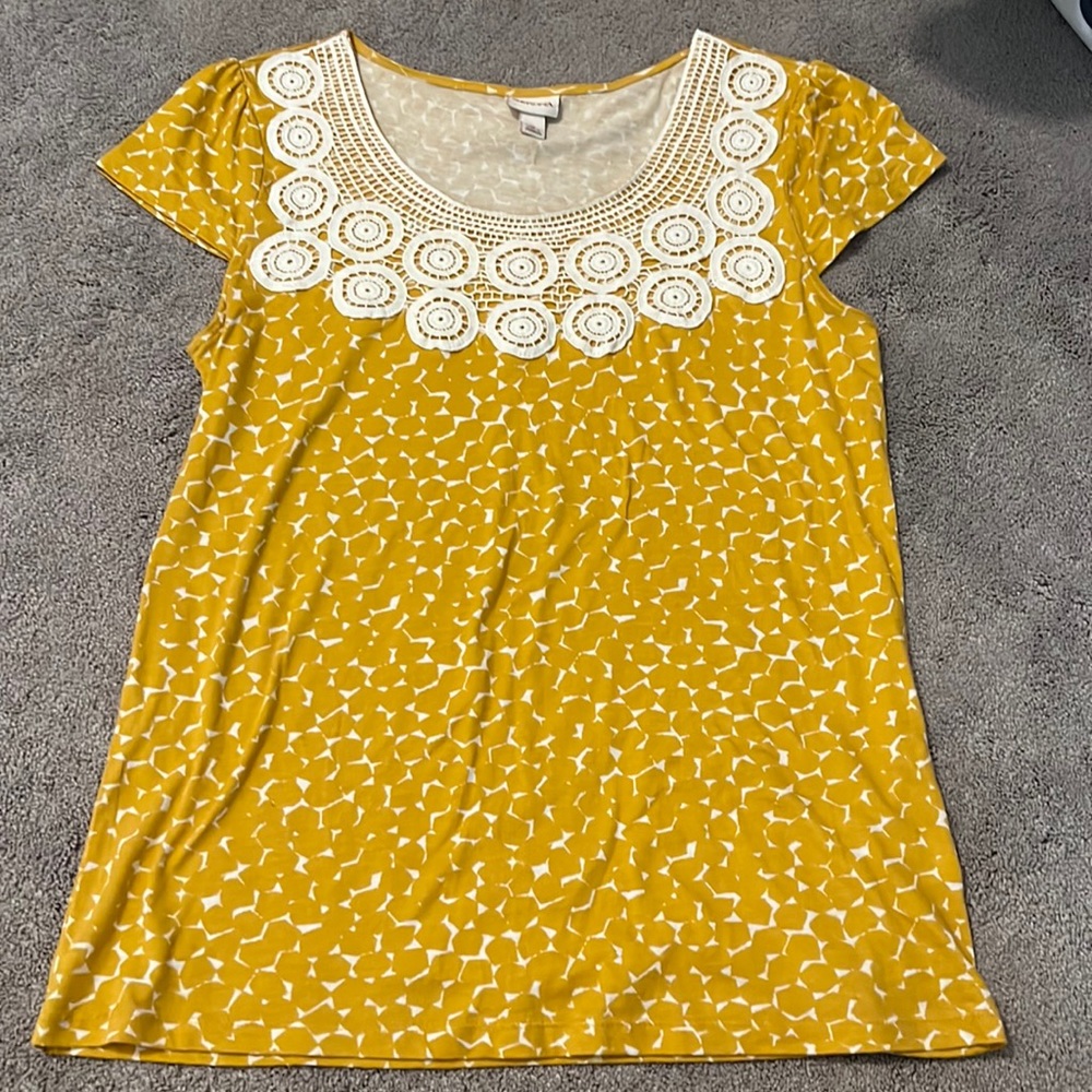Beautiful mustard colored top with embroidery at neckline